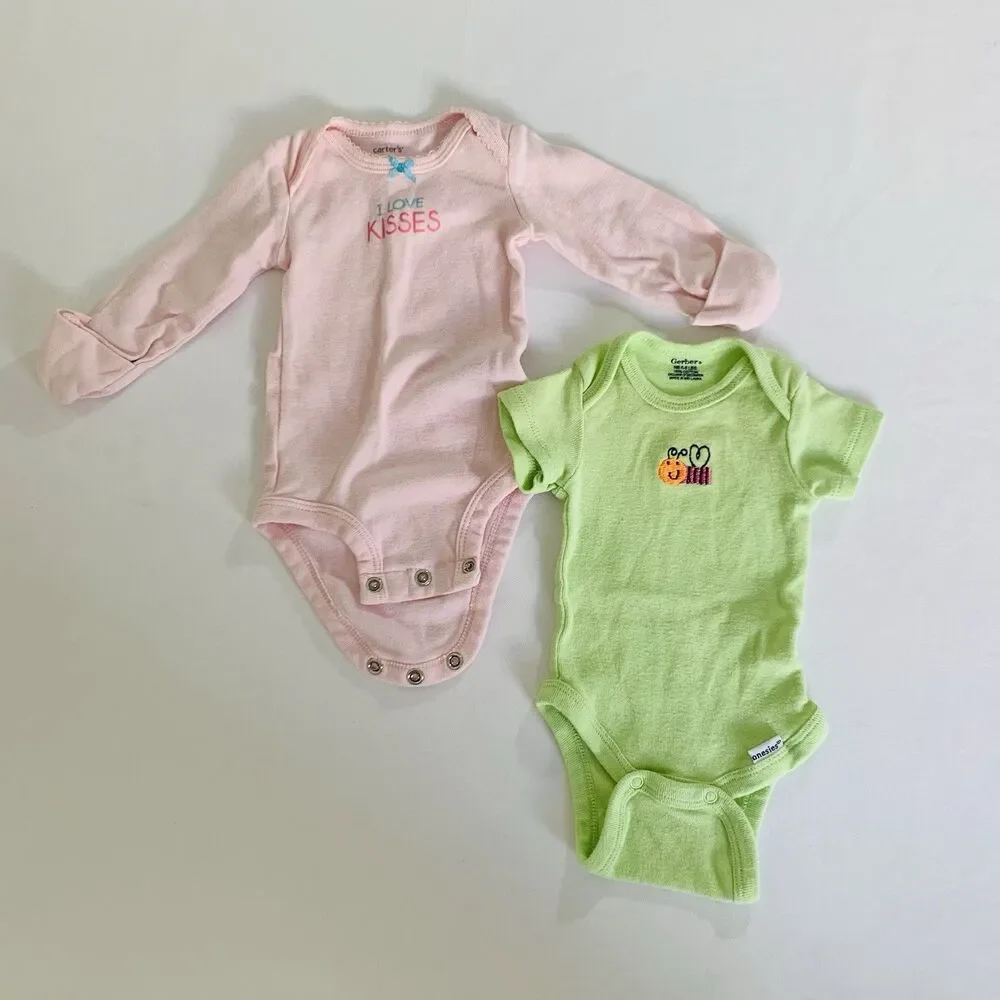 Bodysuits Set of 2 Baby Girl Newborn NB Pink Green Bee Foldover Casual Cotton